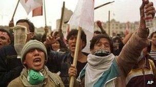 Protesters with banners and sticks