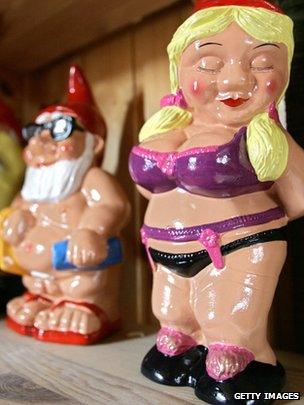 Gnomes in varying states of undress in Graefenroda, Germany