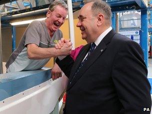 Alex Salmond with Jimmy Russell at Alexander Denis coach manufacturers