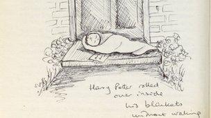 JK Rowling sketch from annotated first edition of Harry Potter and the Philosopher's Stone