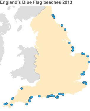 Map showing the location of England's Blue Flag beaches