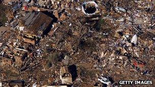 An aerial view of destroyed houses and buildings in Moore, Oklahoma.