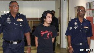 Student activist Adam Adli escorted by police at a courthouse in Kuala Lumpur on 23 May 2013