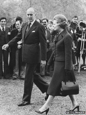 Valery Giscard d'Estaing with the late British Prime Minister Margaret Thatcher in London, November 1979