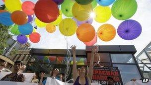 Gay rights activists stage an event in Kiev to protest against homophobia, 18 May 2013