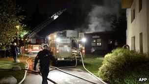 Firemen extinguish blaze at nursery school in Stockholm suburb of Kista. 24 May 2013