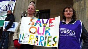 Union members and protestors outside the council