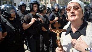 An Orthodox Church activist denounced the gay pride march in Kiev. Photo: 25 May 2013