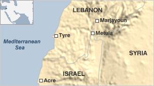 Map showing Lebanon and Israel