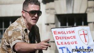 Tommy Robinson gives a speech