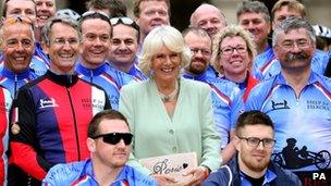 The Duchess of Cornwall with riders taking part in the Help for Heroes Big Battlefield, Paris to London Bike Ride