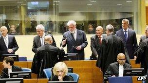 From left to right standing: Jadranko Prlic, Bruno Stojic, Slobodan Praljak, Milivoj Petkovic, Valentin Coric and Berislav Pusic at The Hague court. Photo: 29 May 2013