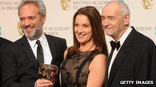 Sam Mendes at the 2013 Bafta Film Awards with Bond producers Michael G Wilson and Barbara Broccoli