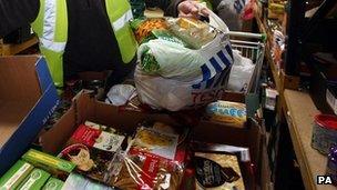 Workers at a food bank