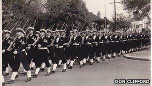 The Navy Fleet Air Arm practising marching 12 abreast ahead of Coronation day