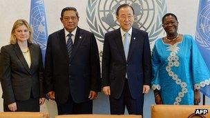 International Development Secretary Justine Greening, with UN Secretary General Ban Ki-Moon, Indonesian President Susilo Bambang Yudhoyono and Liberian minister of agriculture Florence Chenoweth