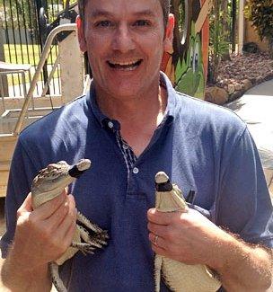 Phil Mercer holding two baby crocodiles