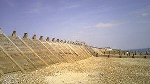 The affected timber breastwork on West Beach, Hayling Island