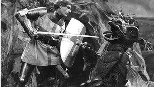 St George fights the dragon in a 1950 BBC TV production