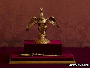 Eagle-shaped Ampulla and golden coronation spoon on display at Lambeth Palace