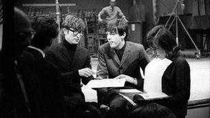 John Lennon and Paul McCartney during rehearsals for Saturday Club, December 1963