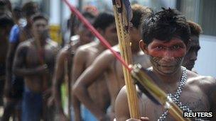 Members of Amazonian indigenous groups at a protest against the Belo Monte dam in Brazil on 5 May 2013