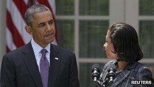 US President Barack Obama and his national security adviser Susan Rice in the White House Rose Garden 5 June 2013