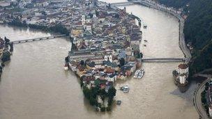 The confluence of the Danube and the Ilz (far R) in the south-eastern Bavarian city of Passau