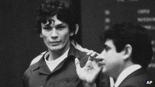 Richard Ramirez in court in 1985 showing a pentagram on his palm