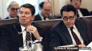 US President Ronald Reagan and Secretary of Defense Caspar Weinberger at a 1984 cabinet meeting