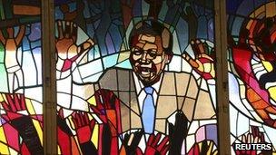 A mural of Nelson Mandela at Regina Mundi church in Soweto