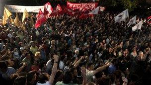 Protesters outside ERT in Athens (11 June 2013)