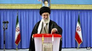 Supreme Leader Ayatollah Ali Khamenei casts his ballot in the presidential election