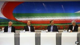 Presidential candidates (from left) Mohammad Gharazi, Mohammad Bagher Qalibaf, Ali Akbar Velayati and Saeed Jalili, attend a TV debate