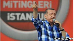 Turkish Prime Minister Recep Tayyip Erdogan makes a speech to supporters during a rally on June 16, 2013, in Istanbul