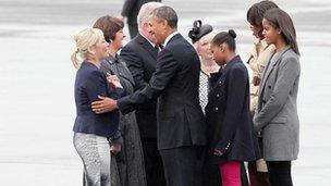 Northern Ireland ministers Michelle O'Neill and Arlene Foster greet President Barack Obama