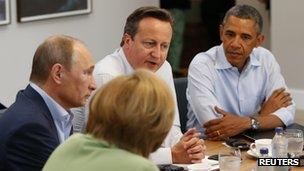 Angela Merkel, Vladimir Putin, David Cameron and Barack Obama attend working session of the G8 summit