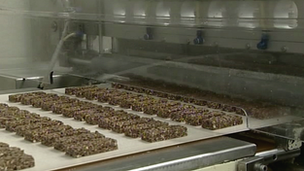 Snack bars on a factory conveyor belt