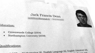 Forrest's fake CV under the name Jack Francis Dean