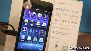 A BlackBerry Z10 on sale at an AT&T store in Chicago, Illinois