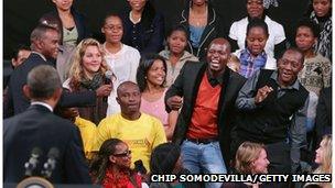 A young man shows his excitement as U.S. President Barack Obama calls on him for a question during a "town hall" meeting with the young African leaders at the University of Johannesburg in Soweto June 29, 2013