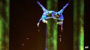 Sarah Guyard-Guillot, left, and Sami Tiaumassi perform during Cirque du Soleil"s "Ka" at the MGM Grand, 2008