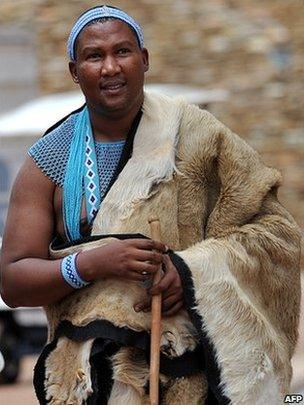 Mandla Mandela, the grandson of Nelson Mandela dressed in the traditional garb of his ethnic group, the Xhosa, attends a gathering of traditional leaders