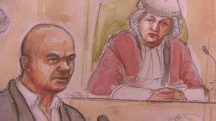 Court artist sketch of Mariusz Krezolek giving evidence