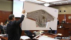 Assistant state attorneys John Guy (L) and Richard Mantei hold up Trayvon Martin's sweatshirt as evidence during George Zimmerman's trial 25 June 2013