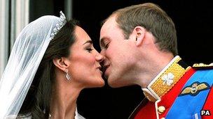 The Duke and Duchess of Cambridge kiss on their wedding day