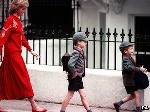 Princess Diana with her young sons William and Harry in school uniform