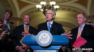 Majority Leader Harry Reid (D-NV) speaks to the media after Senate joint caucus meeting, on Capitol Hill, 15 July 2013