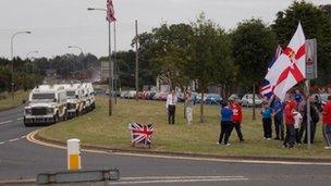 Loyalist protesters on the Corcrain Road in Portadown on Tuesday evening