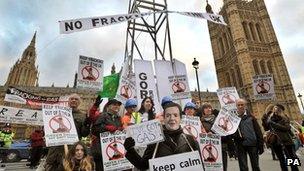 A group of anti-fracking campaigners outside Parliament